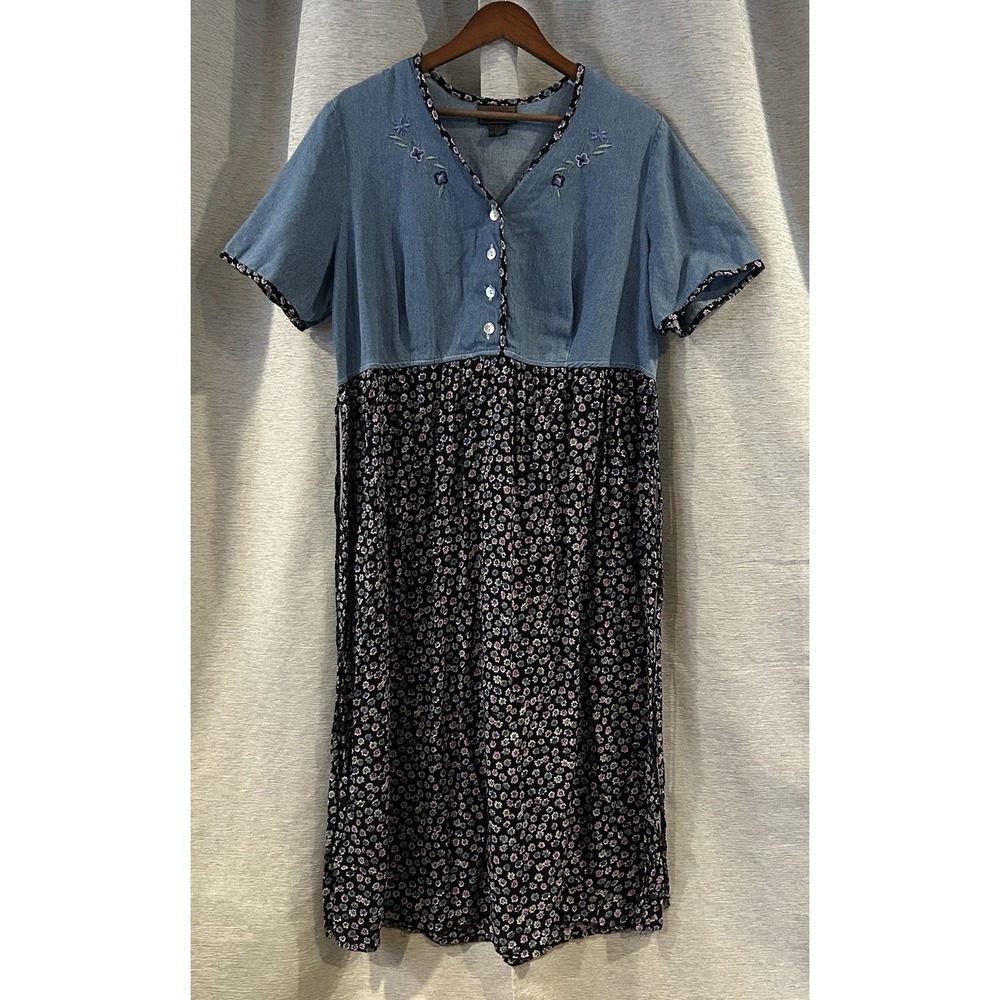 Vintage 80s Blue Ditsy Floral‎ Shirtdress  Cottagecore Size 16